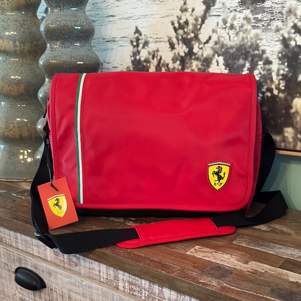 Ferrari Red Messenger Bag with Yellow Shield and Black Strap